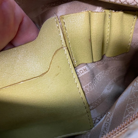 Rochas Paris Two Handle Purse Fabric & Leather 10" Tan / Green Phone Pouch - Picture 14 of 14